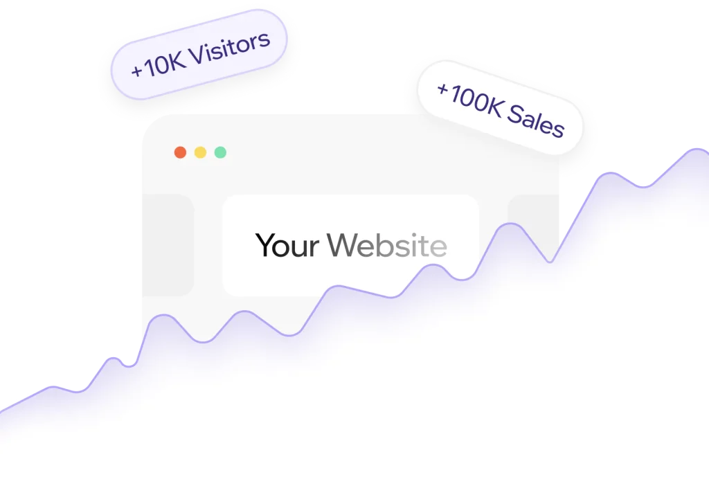 A rising traffic curve behind a browser window reading Your Website