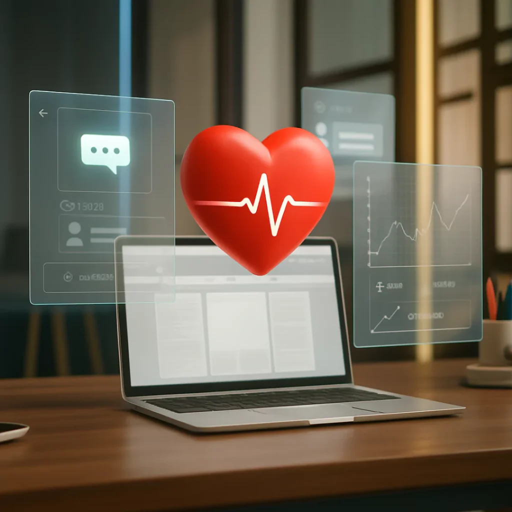Laptop on a desk with a heart-rate line running across the screen