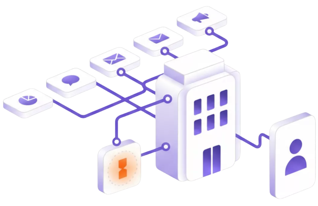 An isometric diagram of an in-house office wired to agency services