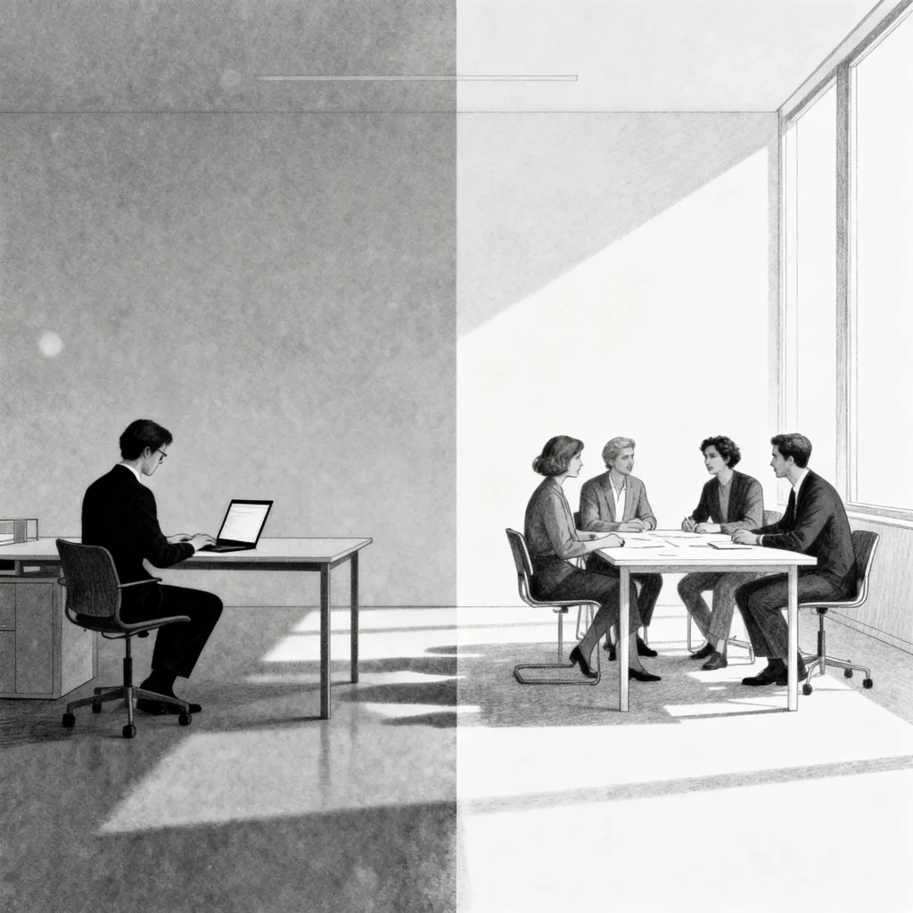 An in-house desk on one side and an agency team meeting on the other