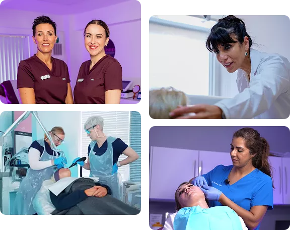 Four photographs of aesthetics clinicians treating patients in clinic